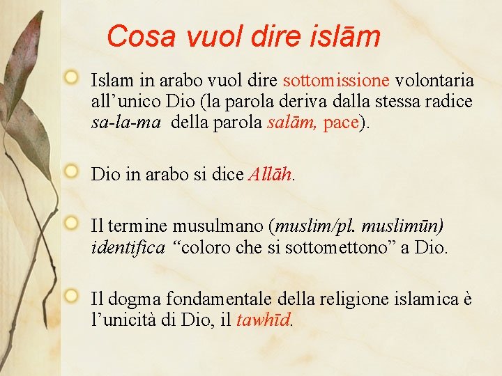 Cosa vuol dire islām Islam in arabo vuol dire sottomissione volontaria all’unico Dio (la