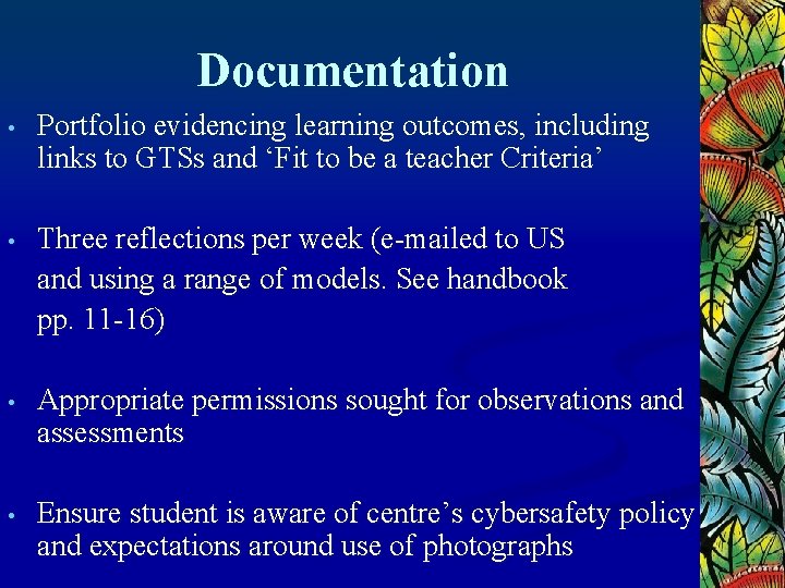 Documentation • Portfolio evidencing learning outcomes, including links to GTSs and ‘Fit to be