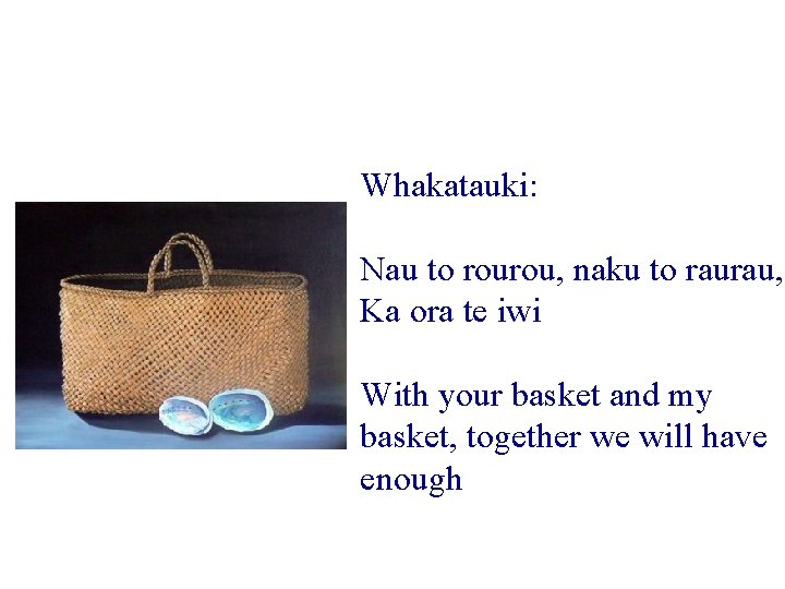 Whakatauki: Nau to rourou, naku to raurau, Ka ora te iwi With your basket