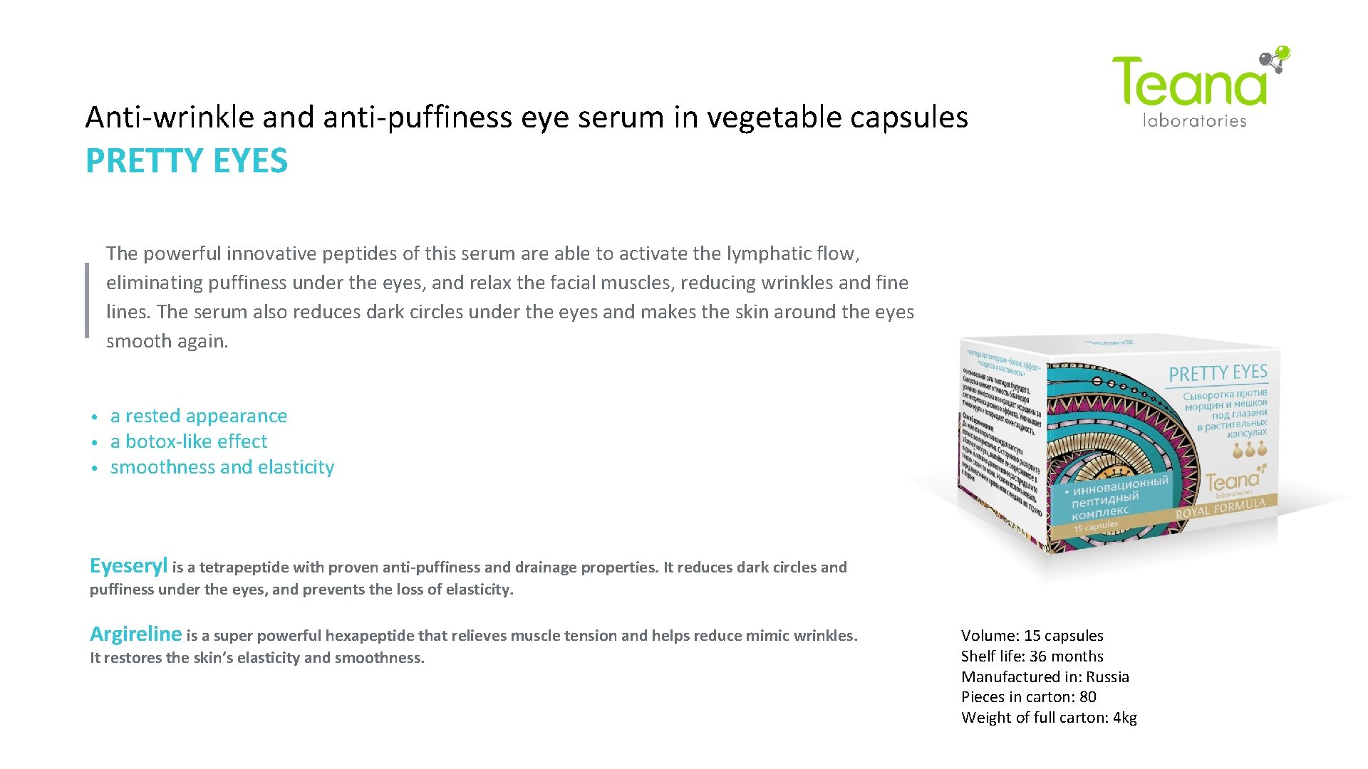 Anti-wrinkle and anti-puffiness eye serum in vegetable capsules PRETTY EYES The powerful innovative peptides