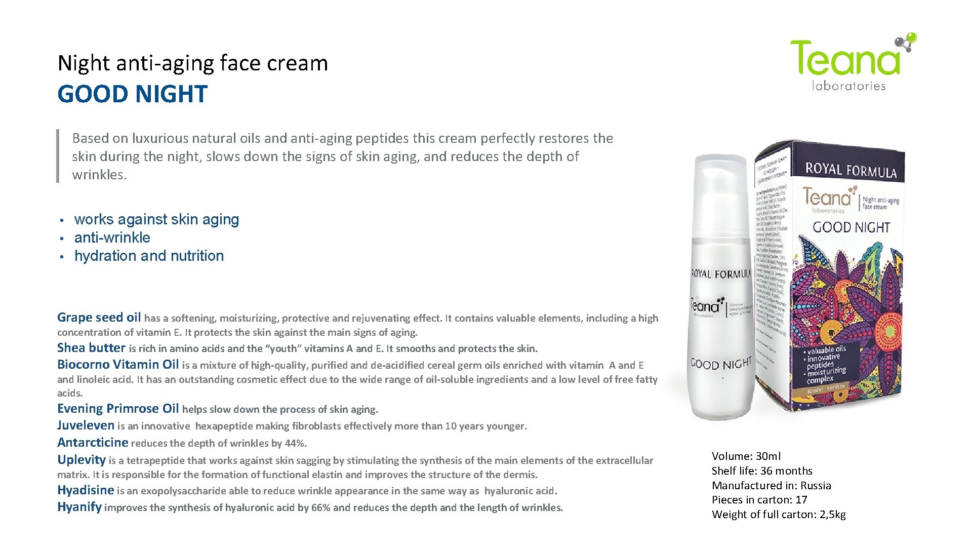 Night anti-aging face cream GOOD NIGHT Based on luxurious natural oils and anti-aging peptides