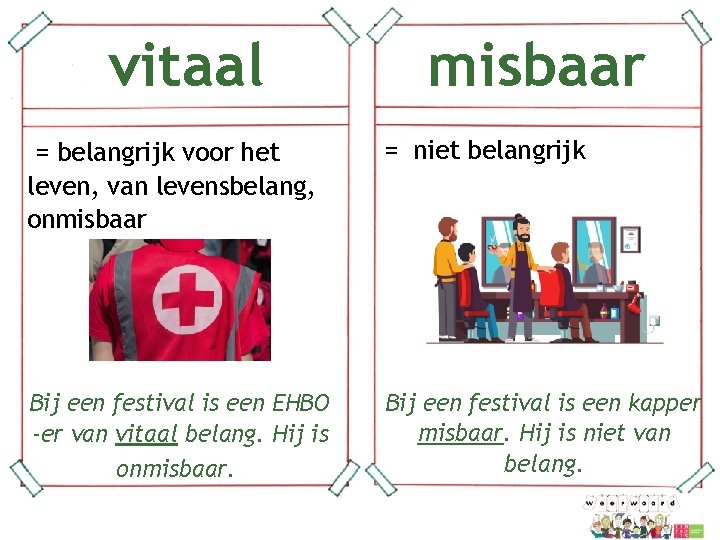 vitaal = belangrijk voor het leven, van levensbelang, onmisbaar = niet belangrijk Bij een