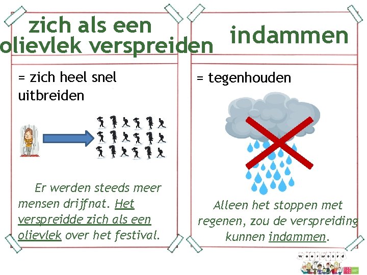 zich als een indammen olievlek verspreiden = zich heel snel uitbreiden Er werden steeds