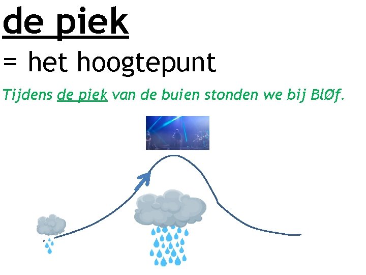 de piek = het hoogtepunt Tijdens de piek van de buien stonden we bij