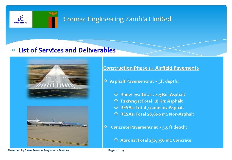 Cormac Engineering Zambia Limited List of Services and Deliverables Construction of Runways, Taxiways, Aprons