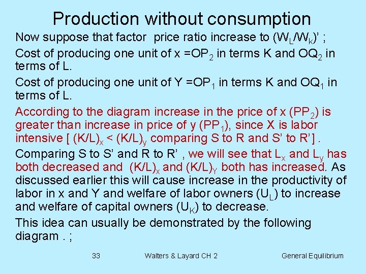 Production without consumption Now suppose that factor price ratio increase to (WL/Wk)’ ; Cost