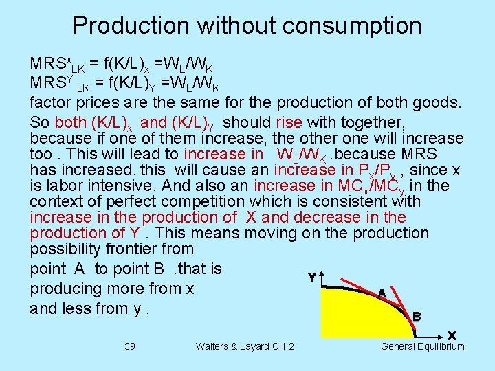 Production without consumption MRSx. LK = f(K/L)x =WL/WK MRSY LK = f(K/L)Y =WL/WK factor