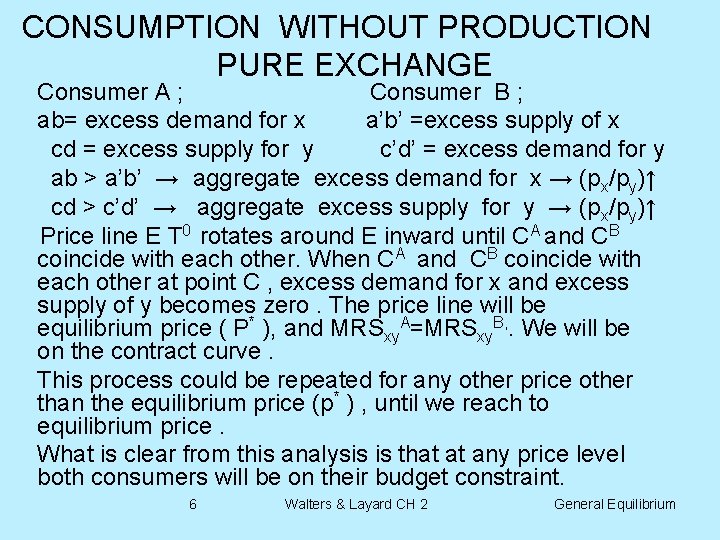 CONSUMPTION WITHOUT PRODUCTION PURE EXCHANGE Consumer A ; Consumer B ; ab= excess demand