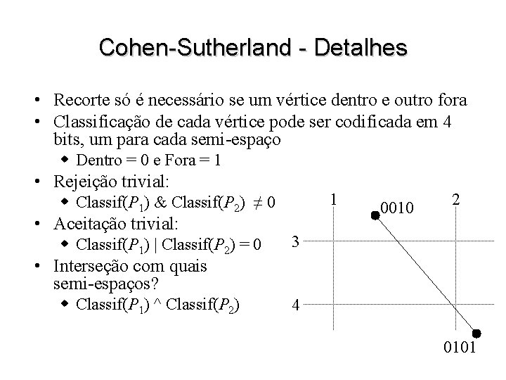 Cohen-Sutherland - Detalhes • Recorte só é necessário se um vértice dentro e outro