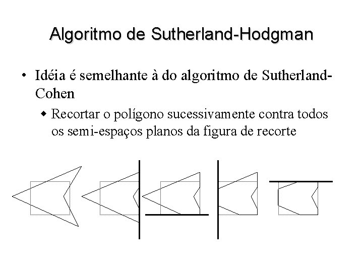 Algoritmo de Sutherland-Hodgman • Idéia é semelhante à do algoritmo de Sutherland. Cohen w