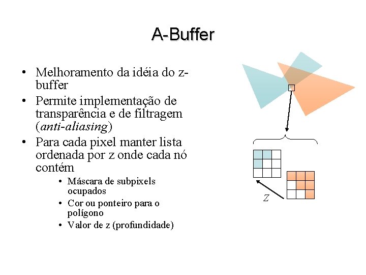 A-Buffer • Melhoramento da idéia do zbuffer • Permite implementação de transparência e de