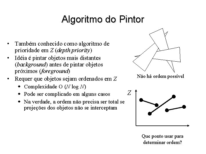 Algoritmo do Pintor • Também conhecido como algoritmo de prioridade em Z (depth priority)