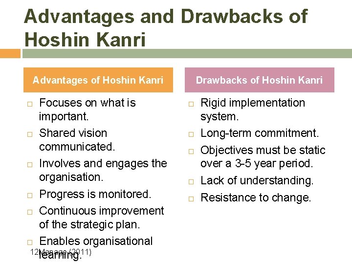 Advantages and Drawbacks of Hoshin Kanri Advantages of Hoshin Kanri Focuses on what is