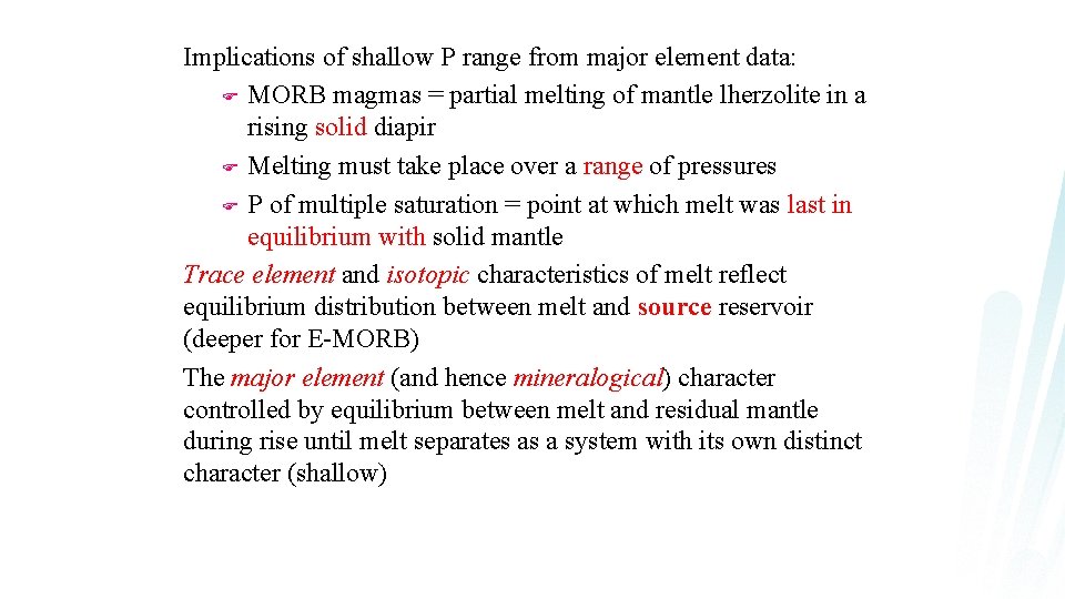 Implications of shallow P range from major element data: F MORB magmas = partial