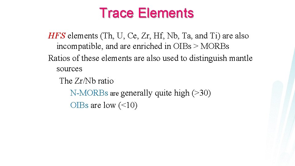Trace Elements HFS elements (Th, U, Ce, Zr, Hf, Nb, Ta, and Ti) are