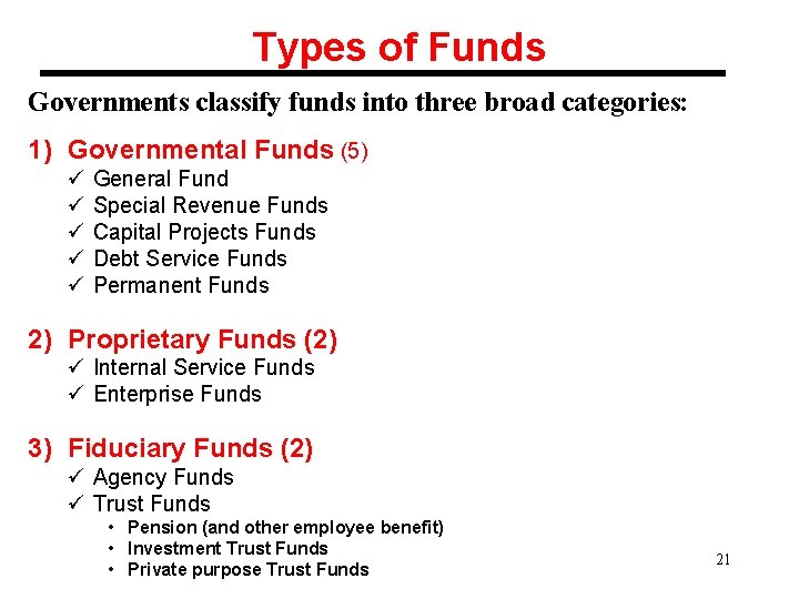 Types of Funds Governments classify funds into three broad categories: 1) Governmental Funds (5)