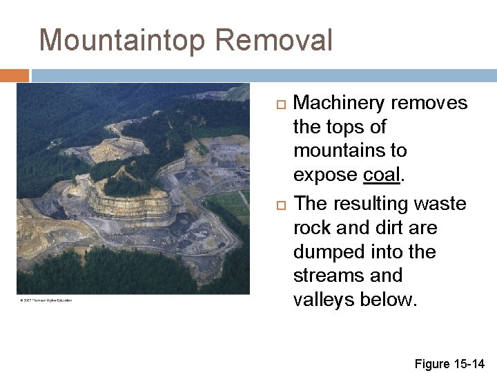 Mountaintop Removal Machinery removes the tops of mountains to expose coal. The resulting waste