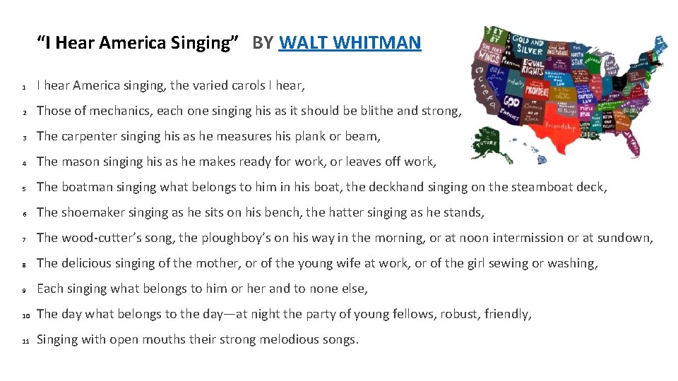 “I Hear America Singing” BY WALT WHITMAN 1 I hear America singing, the varied