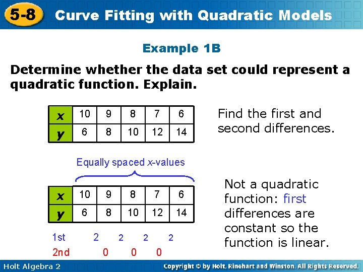 5 -8 Curve Fitting with Quadratic Models Example 1 B Determine whether the data