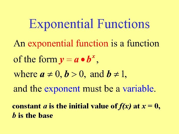 Exponential Functions constant a is the initial value of f(x) at x = 0,