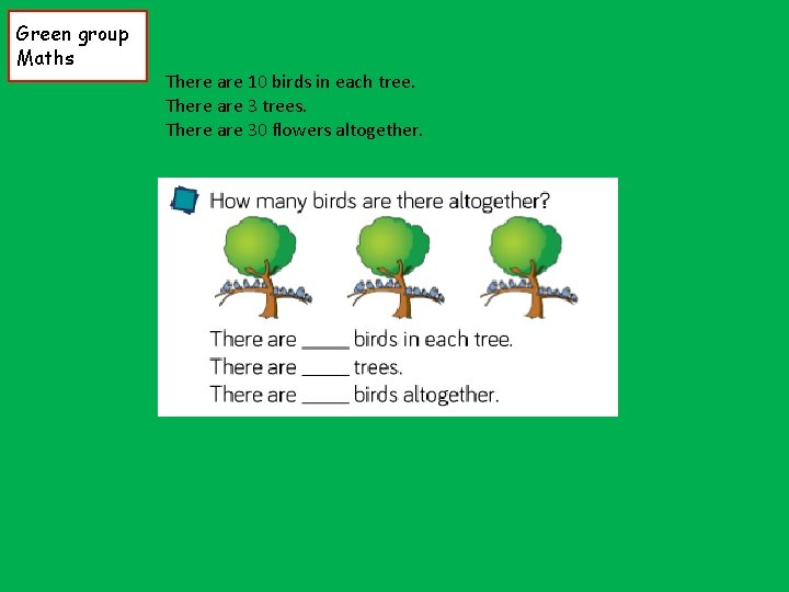 Green group Maths There are 10 birds in each tree. There are 3 trees.