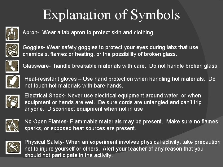 Explanation of Symbols Apron- Wear a lab apron to protect skin and clothing. Goggles-