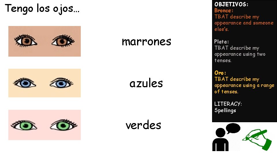 Tengo los ojos… marrones azules OBJETIVOS: Bronce: TBAT describe my appearance and someone else’s.