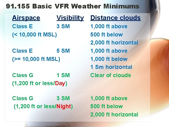 91. 155 Basic VFR Weather Minimums Airspace Visibility Class E 3 SM (< 10,