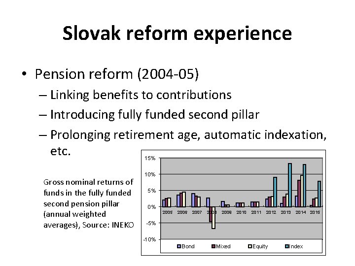 Slovak reform experience • Pension reform (2004 -05) – Linking benefits to contributions –