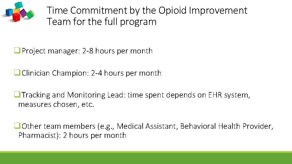 Time Commitment by the Opioid Improvement Team for the full program q. Project manager: