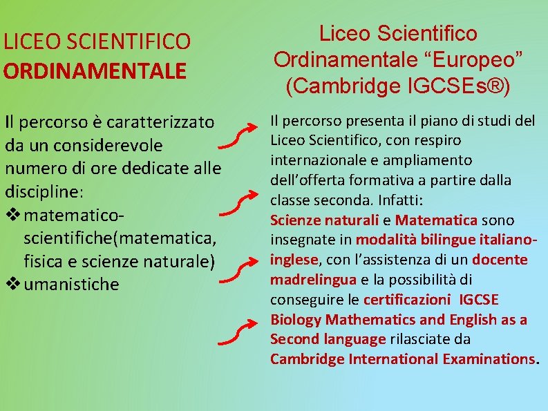 LICEO SCIENTIFICO ORDINAMENTALE Liceo Scientifico Ordinamentale “Europeo” (Cambridge IGCSEs®) Il percorso è caratterizzato da