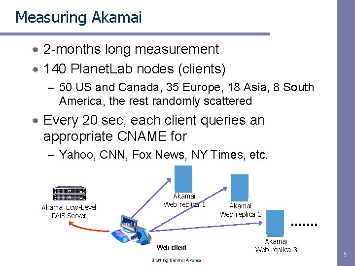 Measuring Akamai 2 -months long measurement 140 Planet. Lab nodes (clients) – 50 US