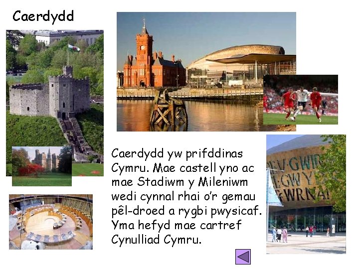 Caerdydd yw prifddinas Cymru. Mae castell yno ac mae Stadiwm y Mileniwm wedi cynnal