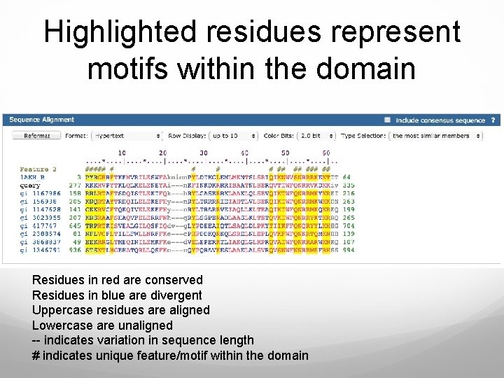 Highlighted residues represent motifs within the domain Residues in red are conserved Residues in