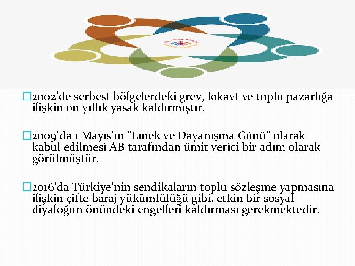 � 2002’de serbest bölgelerdeki grev, lokavt ve toplu pazarlığa ilişkin on yıllık yasak kaldırmıştır. � 2002’de serbest bölgelerdeki grev, lokavt ve toplu pazarlığa ilişkin on yıllık yasak kaldırmıştır.