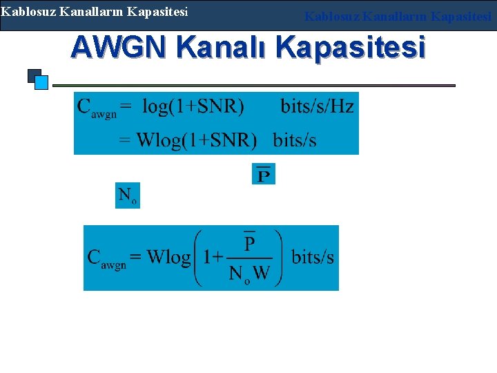 Kablosuz Kanalların Kapasitesi AWGN Kanalı Kapasitesi Eğer ortalama ileti kuvveti sınırı watt ve parazit