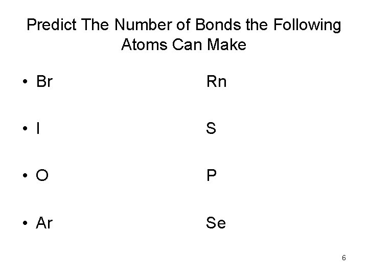 Predict The Number of Bonds the Following Atoms Can Make • Br Rn •