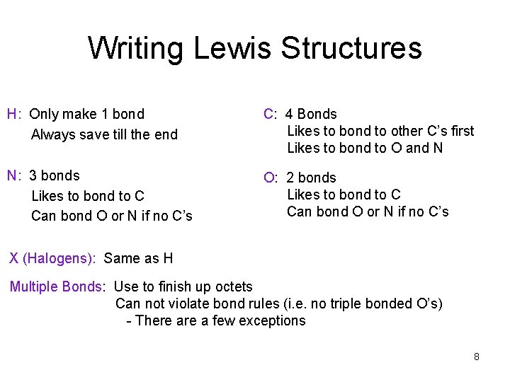 Writing Lewis Structures H: Only make 1 bond Always save till the end C: