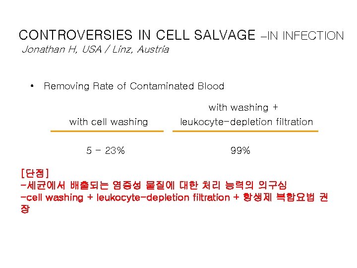 CONTROVERSIES IN CELL SALVAGE –IN INFECTION Jonathan H, USA / Linz, Austria • Removing