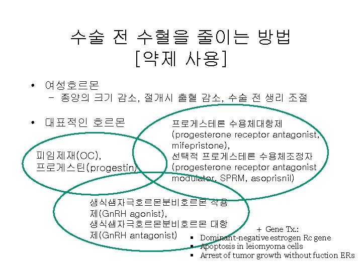 수술 전 수혈을 줄이는 방법 [약제 사용] • 여성호르몬 – 종양의 크기 감소, 절개시