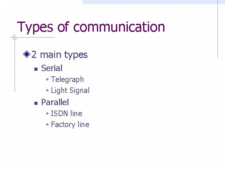 Types of communication 2 main types n Serial w Telegraph w Light Signal n