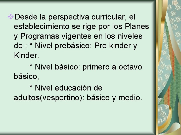 v. Desde la perspectiva curricular, el establecimiento se rige por los Planes y Programas