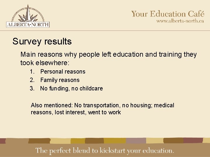 Survey results Main reasons why people left education and training they took elsewhere: 1.