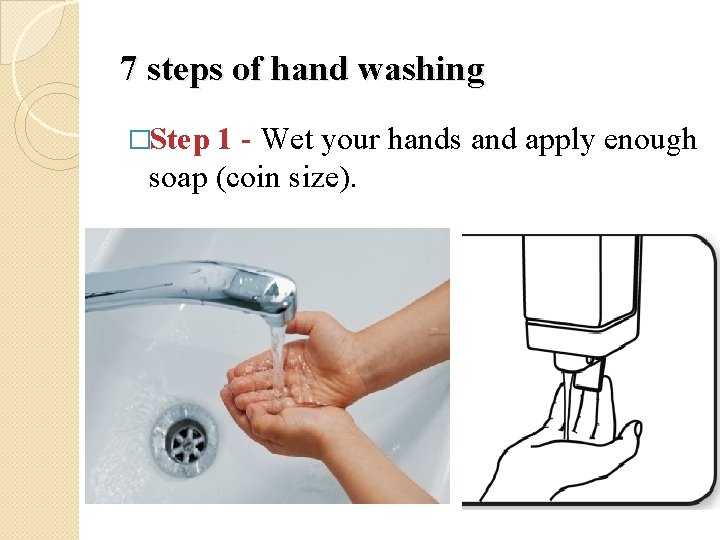 7 steps of hand washing �Step 1 - Wet your hands and apply enough