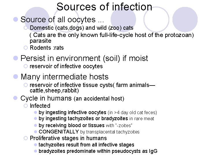 Sources of infection l Source of all oocytes. . . ¡ Domestic (cats, dogs)