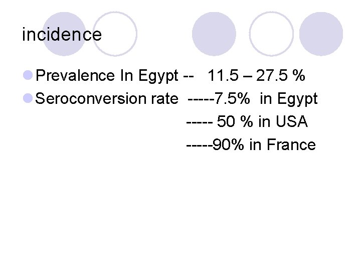 incidence l Prevalence In Egypt -- 11. 5 – 27. 5 % l Seroconversion