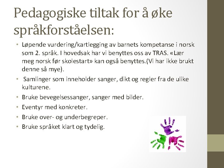 Pedagogiske tiltak for å øke språkforståelsen: • Løpende vurdering/kartlegging av barnets kompetanse i norsk