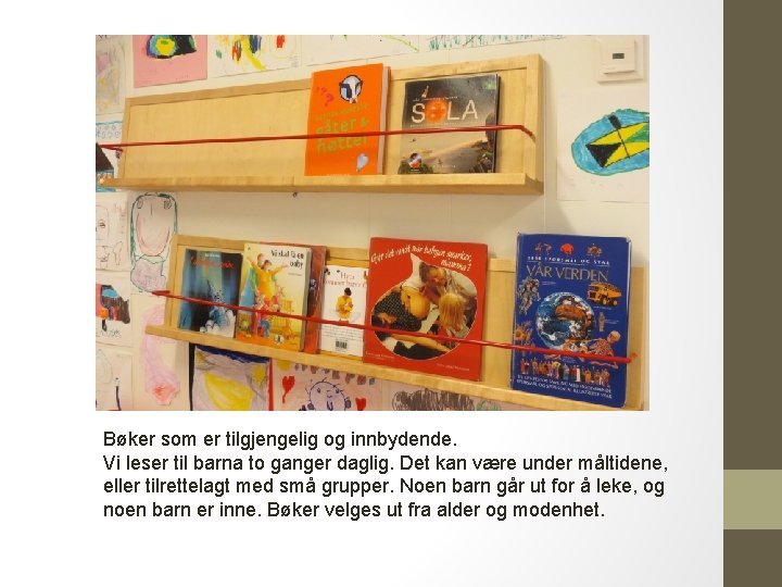 Bøker som er tilgjengelig og innbydende. Vi leser til barna to ganger daglig. Det