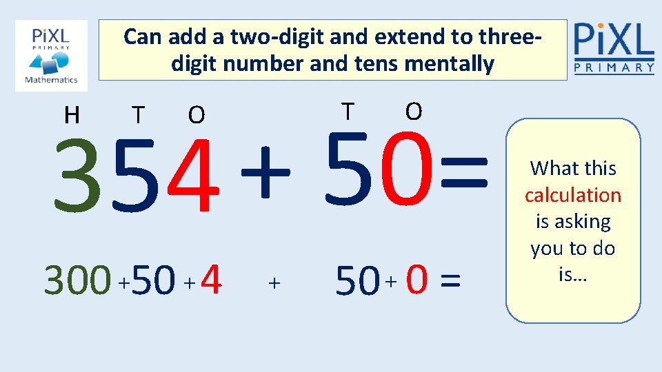Can add a two-digit and extend to threedigit number and tens mentally T O