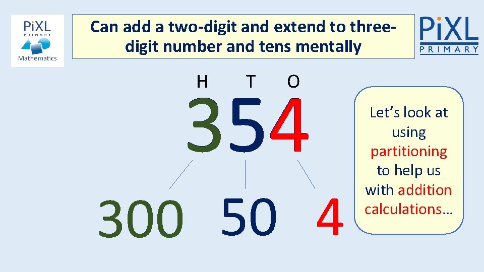 Can add a two-digit and extend to threedigit number and tens mentally H T